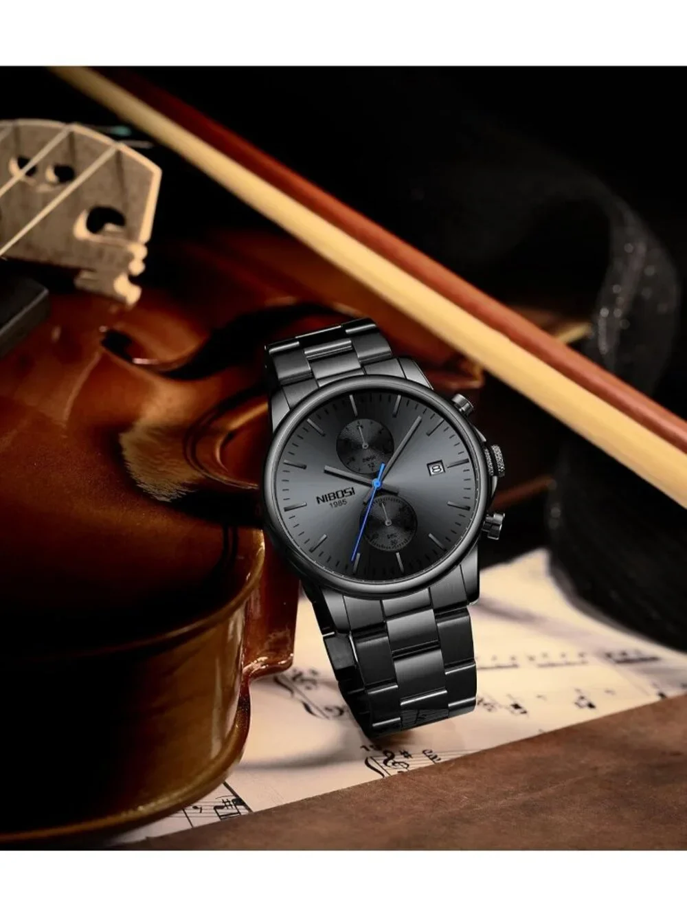 Men's Black Blue Stainless Steel Quartz Waterproof Day Date Casual Wrist Watch